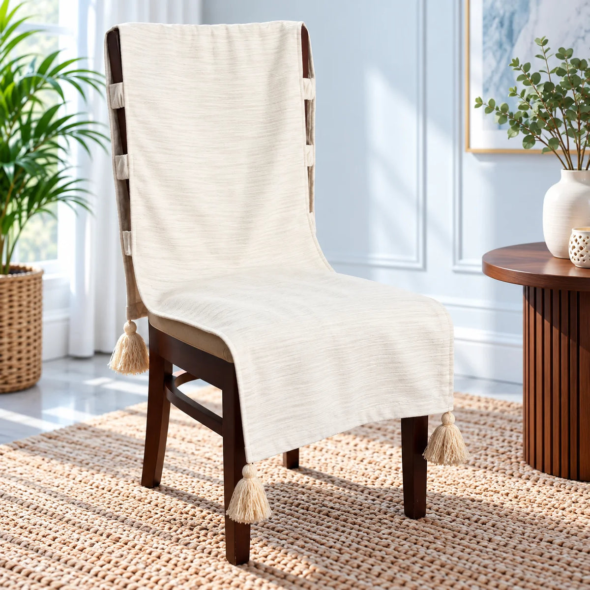 Pure Ivory Textured Chair Cover with Tassels