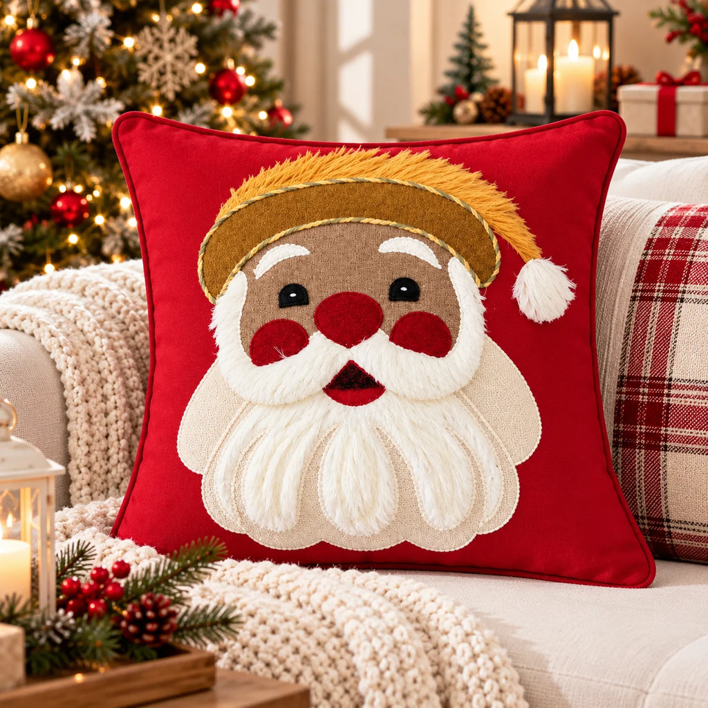 Merry Santa Claus Christmas Embroidered Cotton Cushion Cover â€“ 16 Ã— 16 Inches