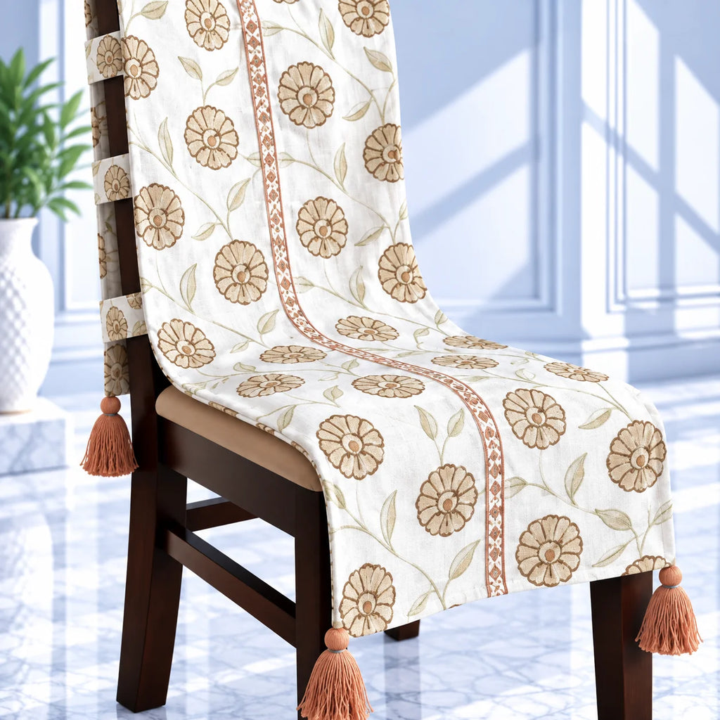 Caramel Floral Print Chair Cover with Tassels