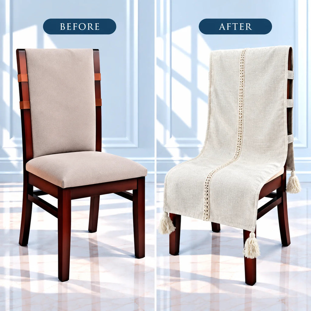 Ecru Linen Look Textured Chair Cover with Tassels