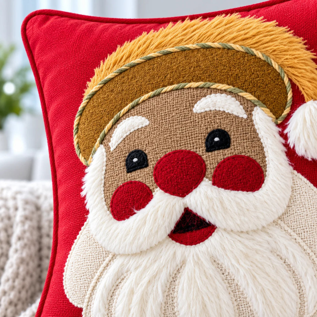 Merry Santa Claus Christmas Embroidered Cotton Cushion Cover â€“ 16 Ã— 16 Inches