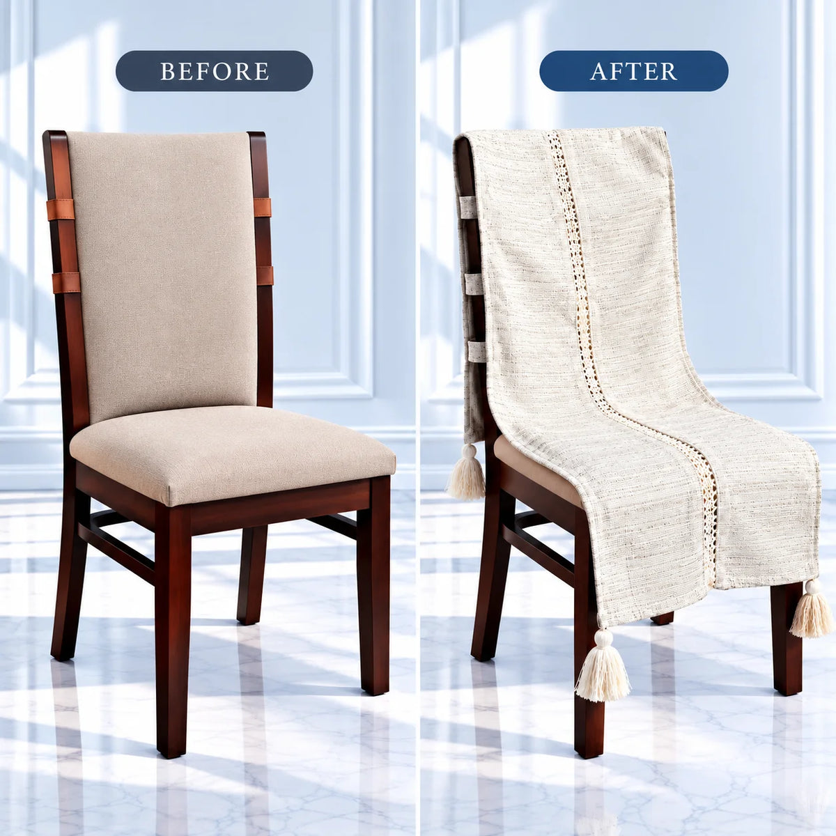 Off White Leaf Pattern Chair Cover with Tassels