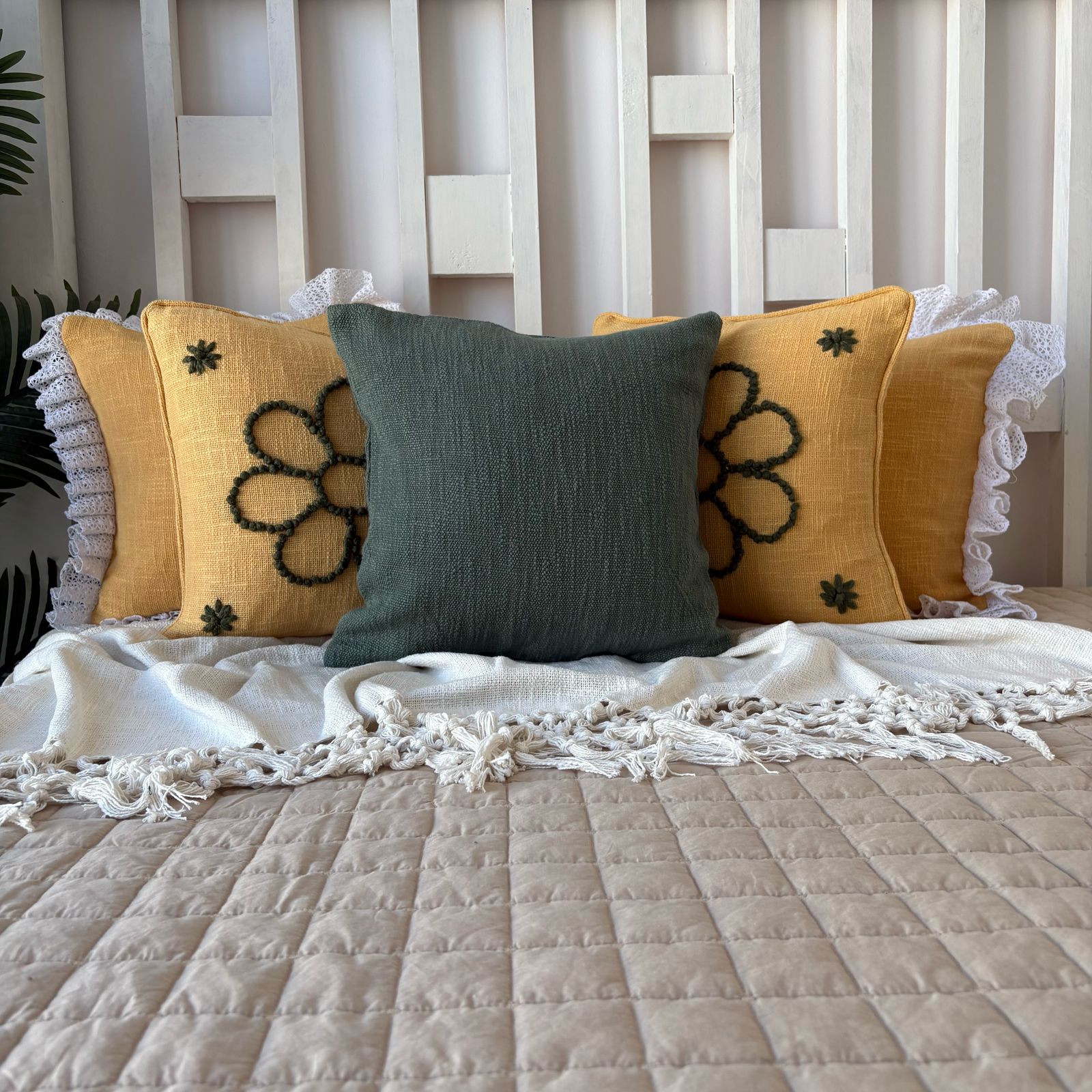 Slub-Cotton Embroidered Cushion Cover, 40cm X 40cm (16" X 16")