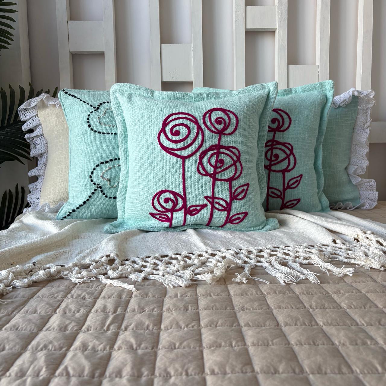 Slub-Cotton Embroidered Cushion Cover, 40cm X 40cm (16" X 16")