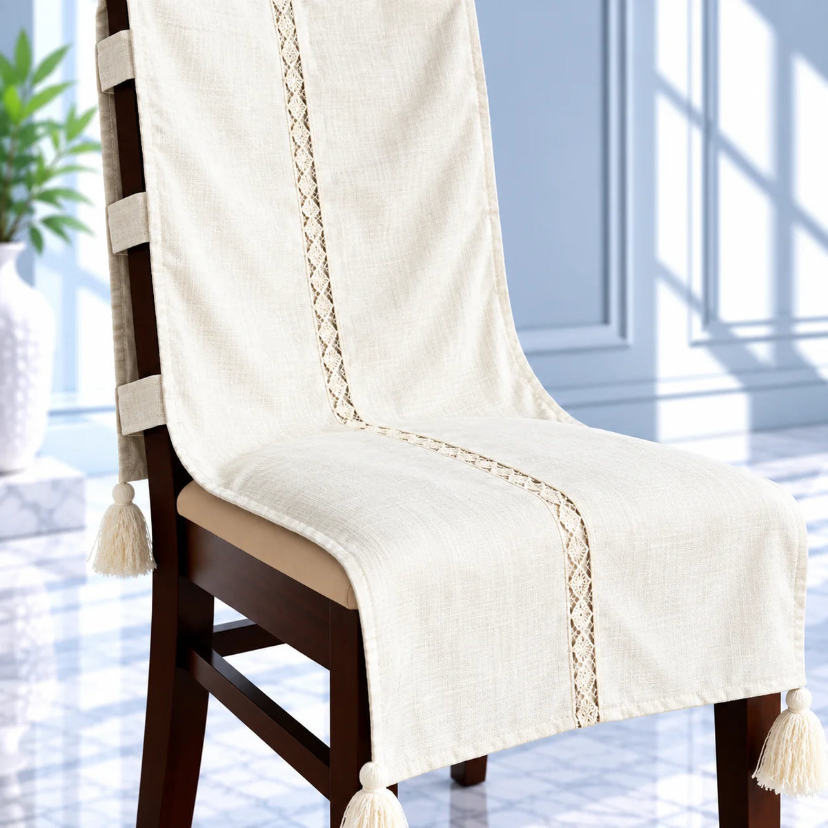 Milk White Textured Jacquard Chair Cover with Lace & Tassels