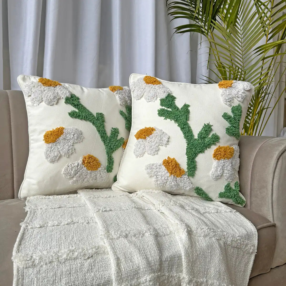 Daisy Flower Cotton Tufted Cushion Cover - Premium 16x16 Inch Decorative Pillow Case