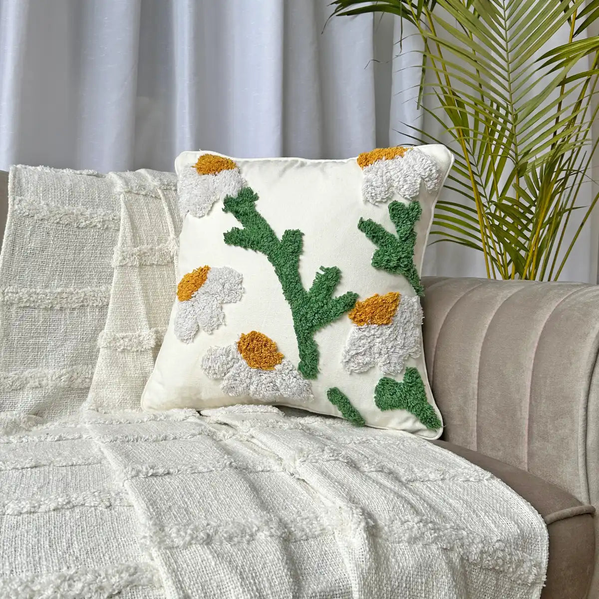 Daisy Flower Cotton Tufted Cushion Cover - Premium 16x16 Inch Decorative Pillow Case