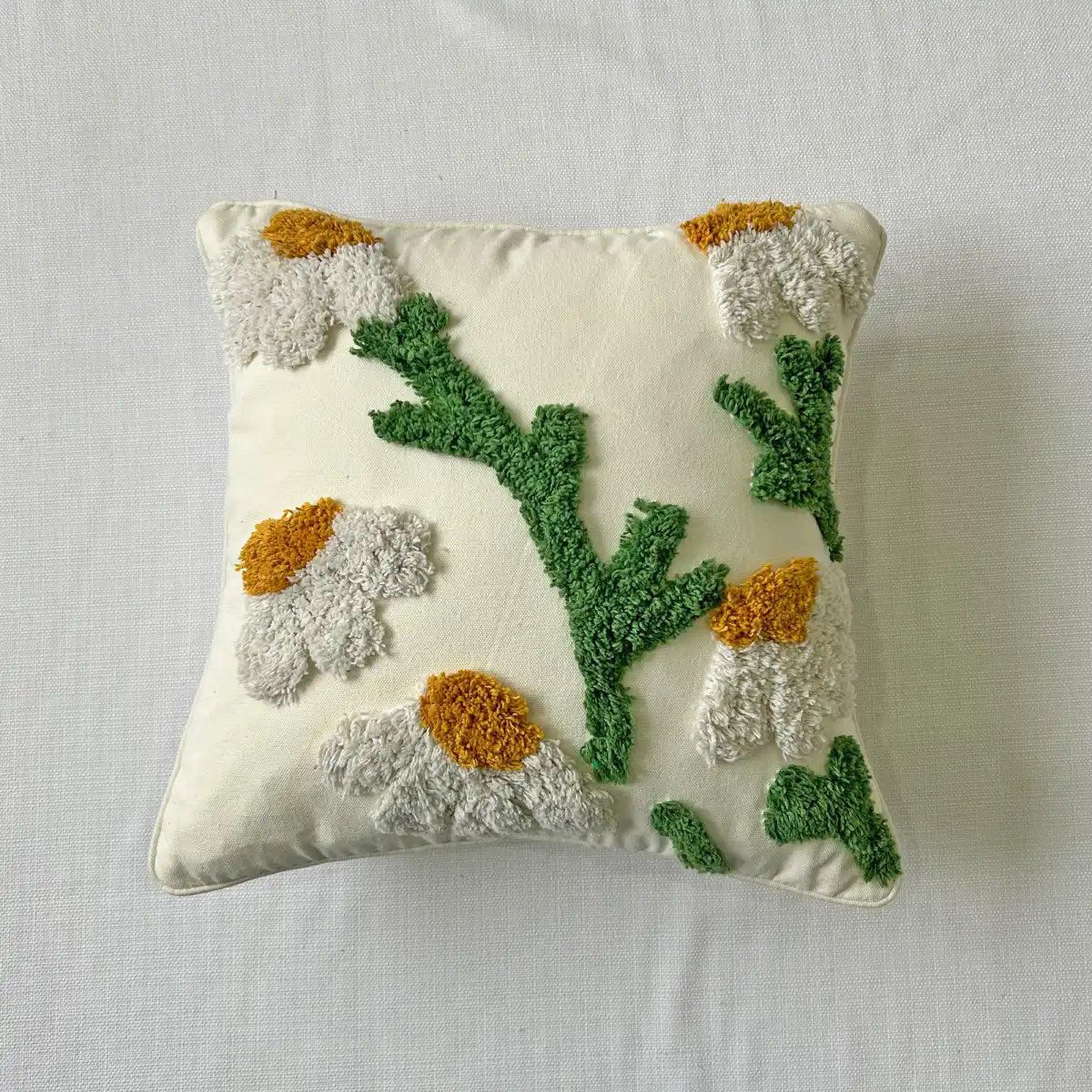 Daisy Flower Cotton Tufted Cushion Cover - Premium 16x16 Inch Decorative Pillow Case