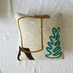 Boho Soul Stitch Teal Fern & Mustard Line Art Embroidered Cushion Cover