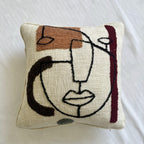 Cream Abstract Face Embroidered Slub Cotton Cushion Cover