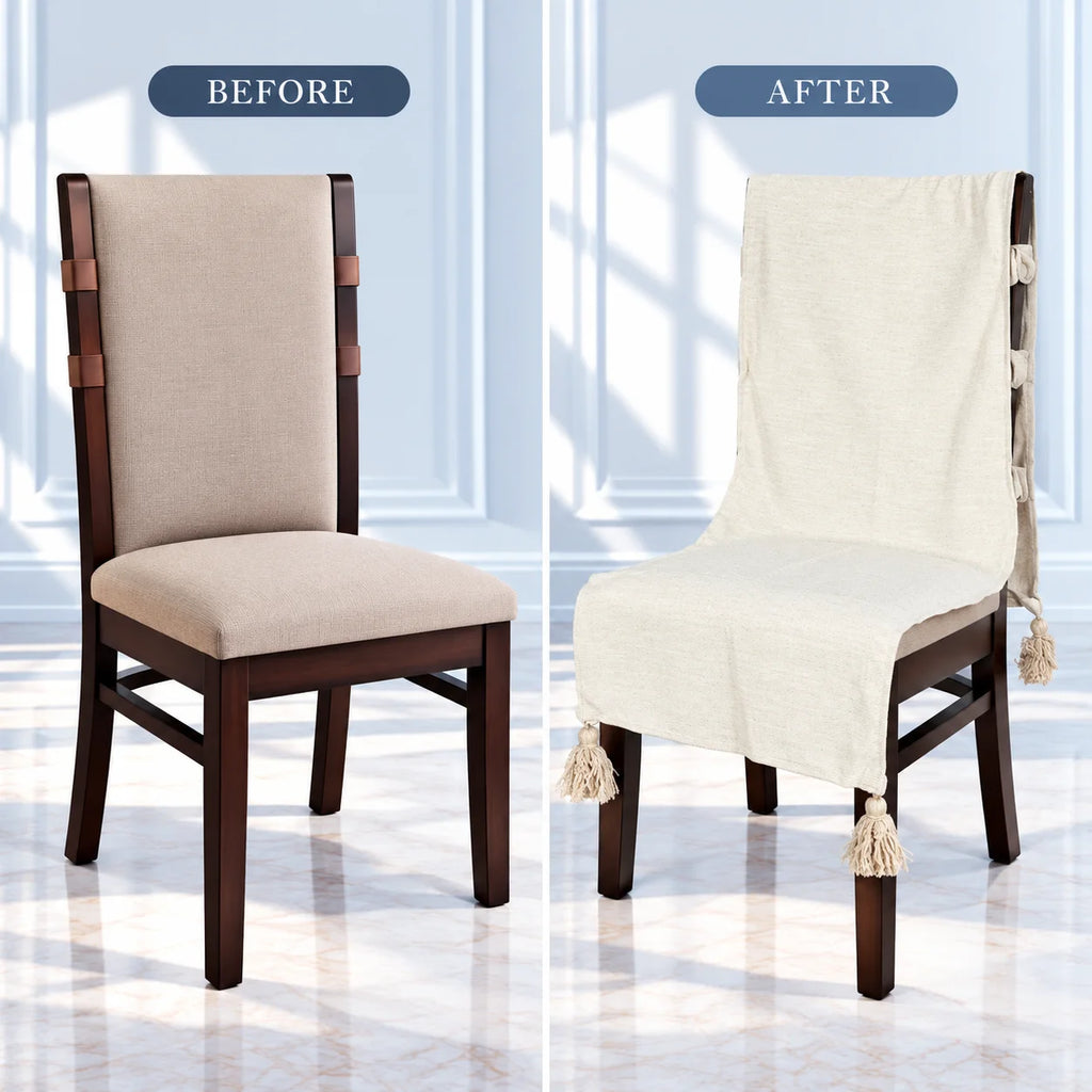 Oatmeal Beige Plain Chair Cover with Tassels
