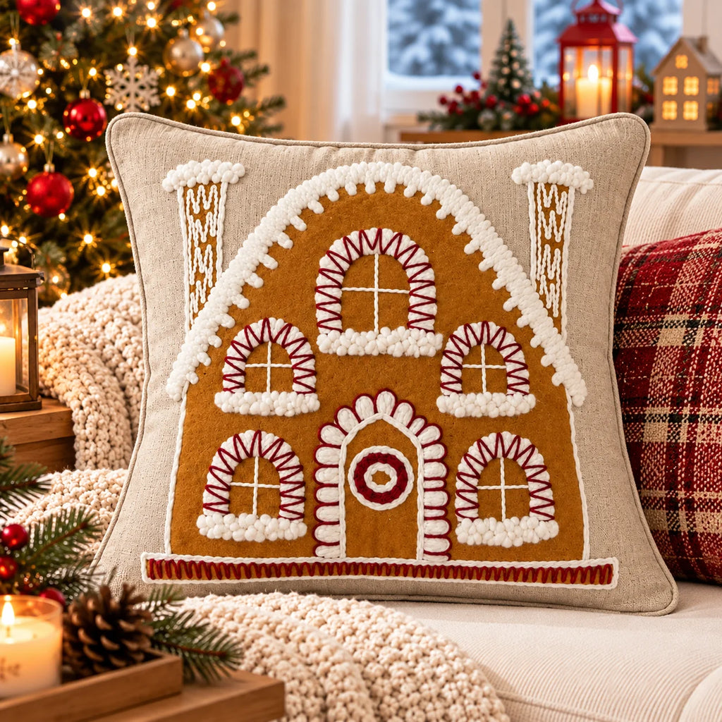 Gingerbread House Christmas Embroidered Cotton Cushion Cover â€“ 16 Ã— 16 Inches
