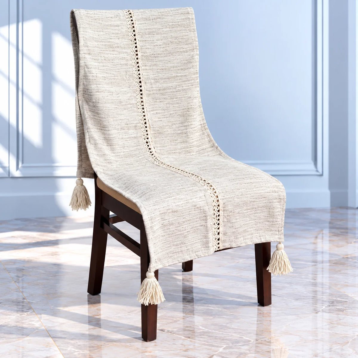 Ivory Silver Grey Jacquard Chair Cover with Centre Lace Trim and Tassels