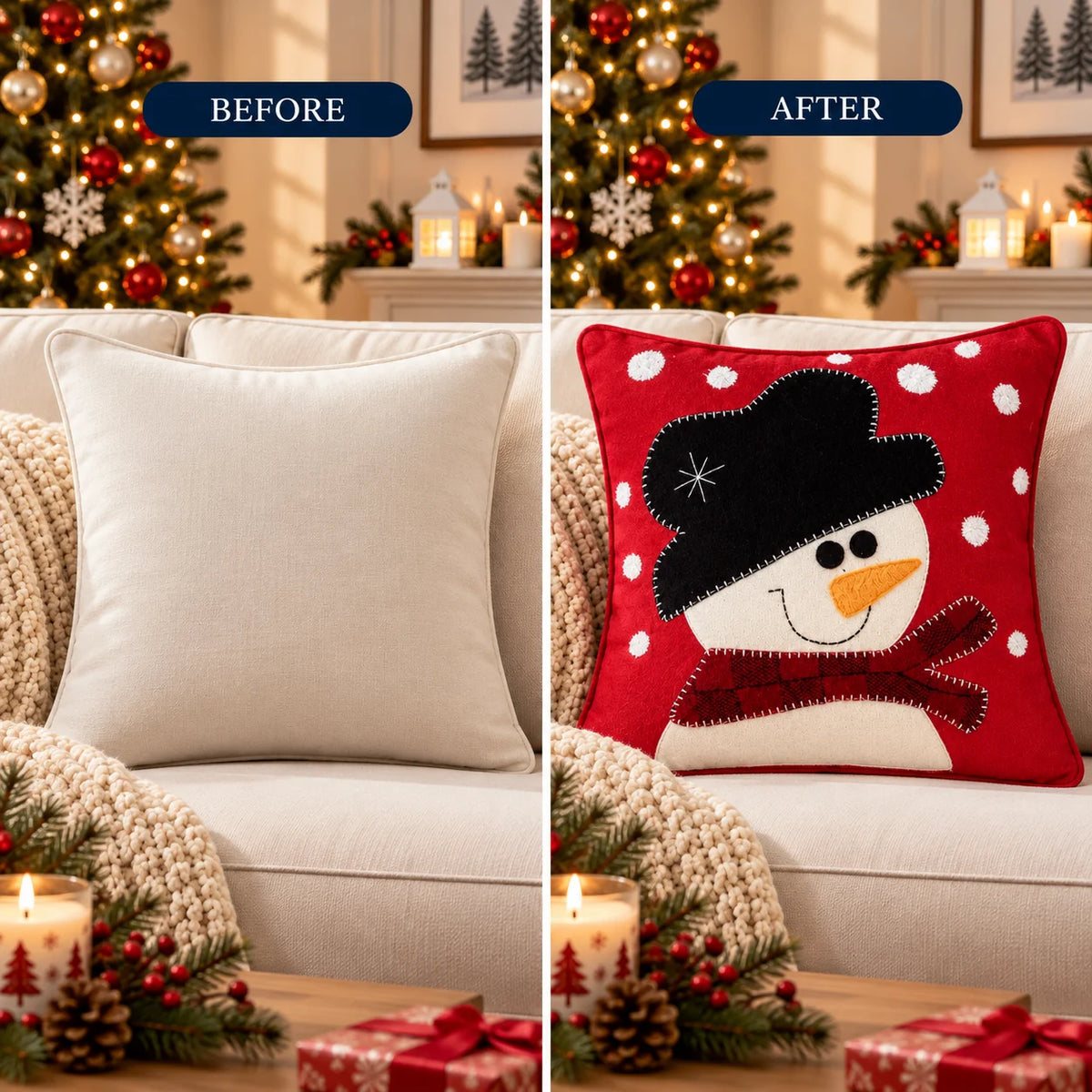 Snowy Snowman Christmas Embroidered Cotton Cushion Cover â€“ 16 Ã— 16 Inches