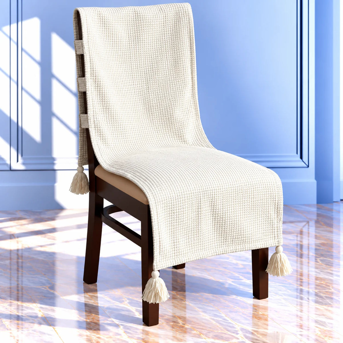 Natural Almond Cream Waffle Textured Chair Cover with Tassels