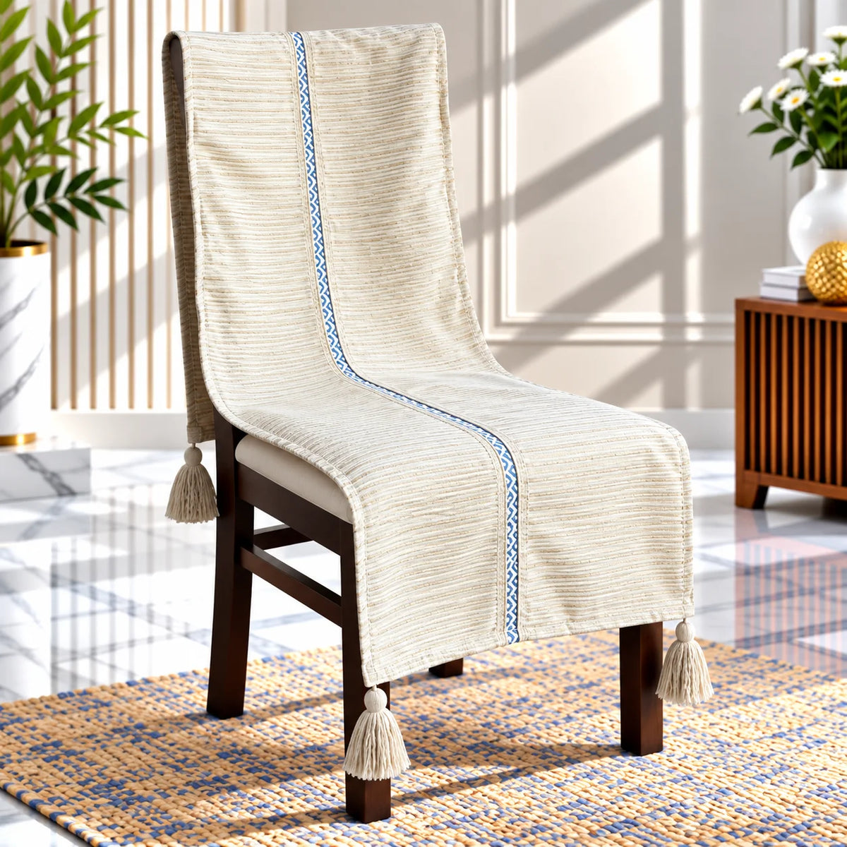 Wheat Beige Jacquard Chair Cover with Blue Ribbon & Tassels