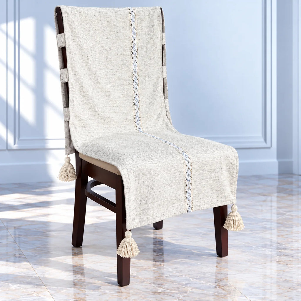 Grey Beige Striped Chair Cover with Center Lace Trim and Tassels