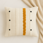 Cream Slub Cotton Tufted Cushion Cover with Yellow Wavy Stripe and Black Dots