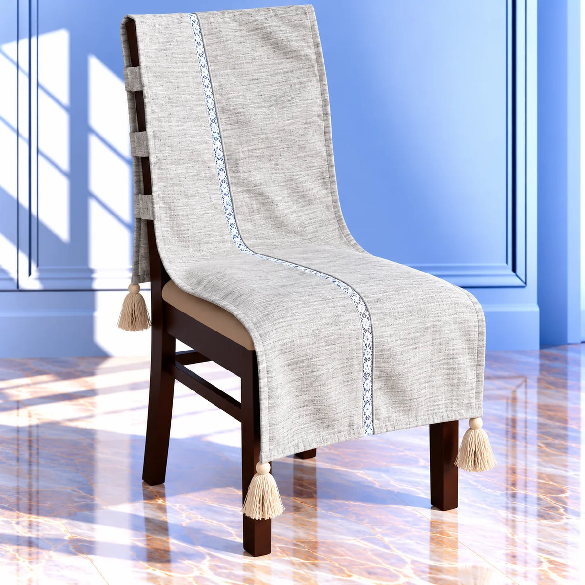 Dove Grey Jacquard Chair Cover Tassels
