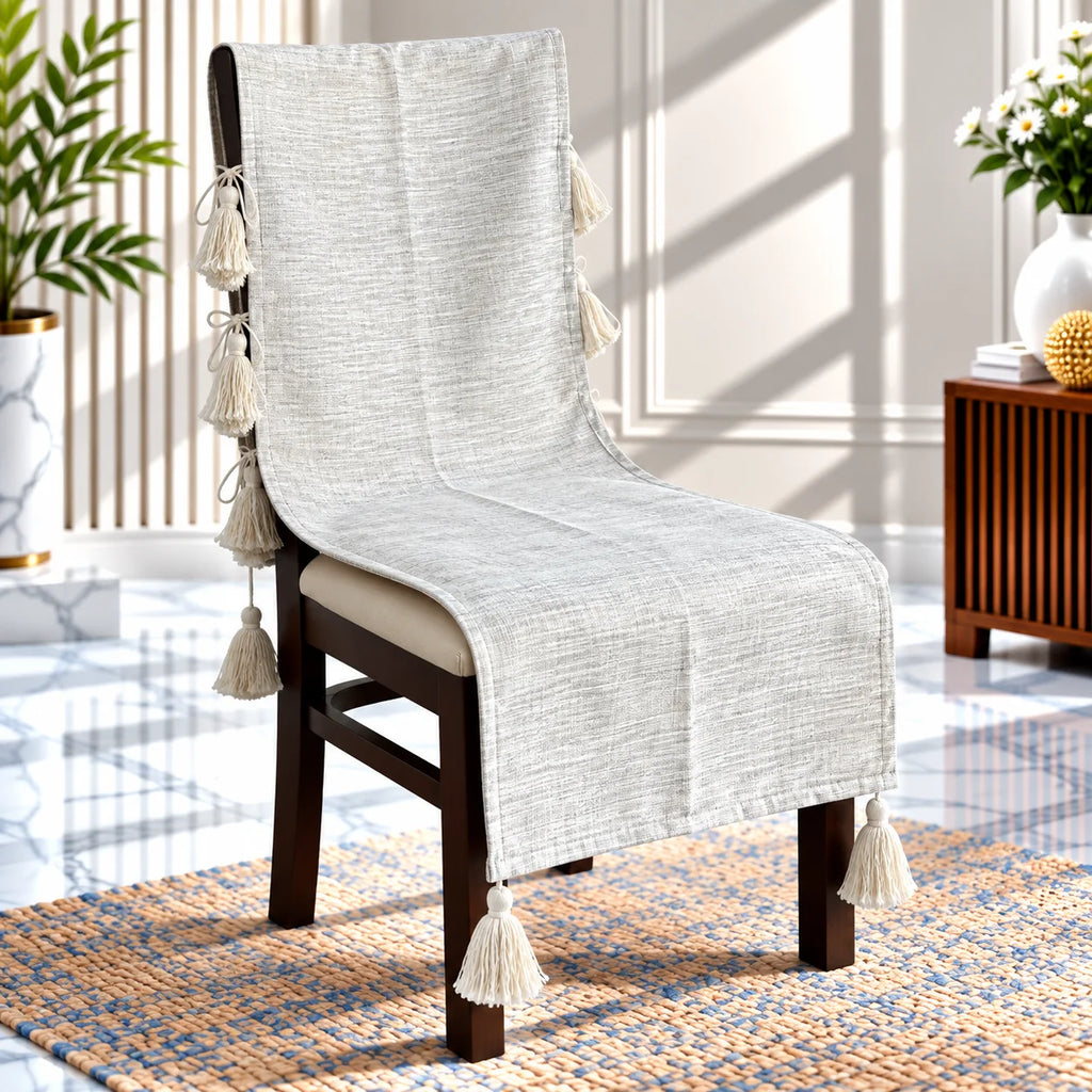 Cloud Grey Handloom Style Chair Cover with Tassels