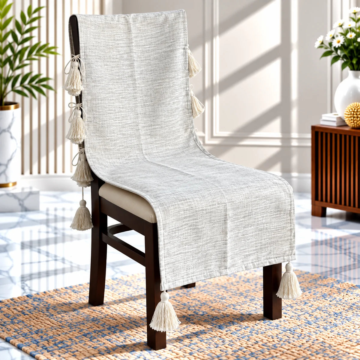 Cloud Grey Handloom Style Chair Cover with Tassels
