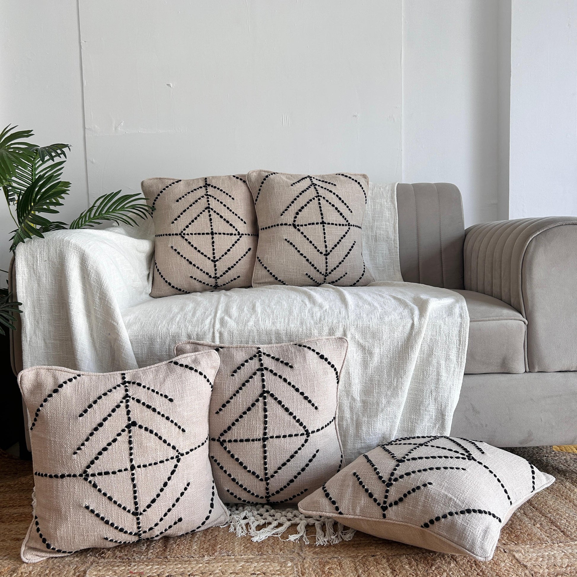 Slub-cotton Embroidered Cushion Cover, 40cm X 40cm (16" X 16")