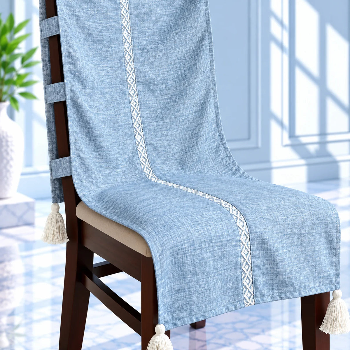 Steel Blue Cotton Jacquard Chair Cover with Tassels