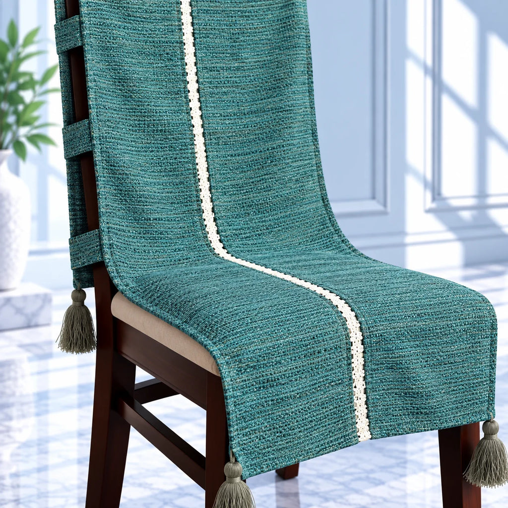 Jade Green Textured Chair Cover with White Lace &Tassels
