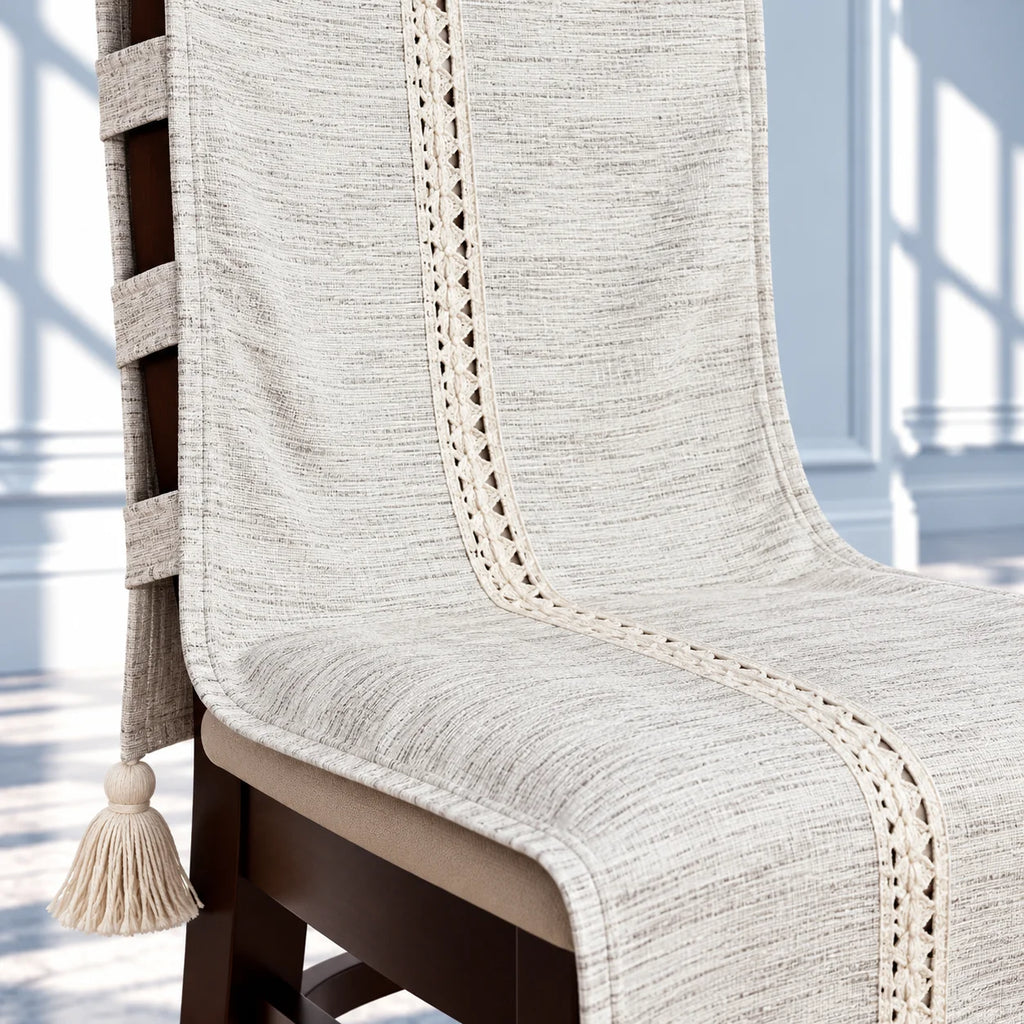 Ivory Silver Grey Jacquard Chair Cover with Centre Lace Trim and Tassels
