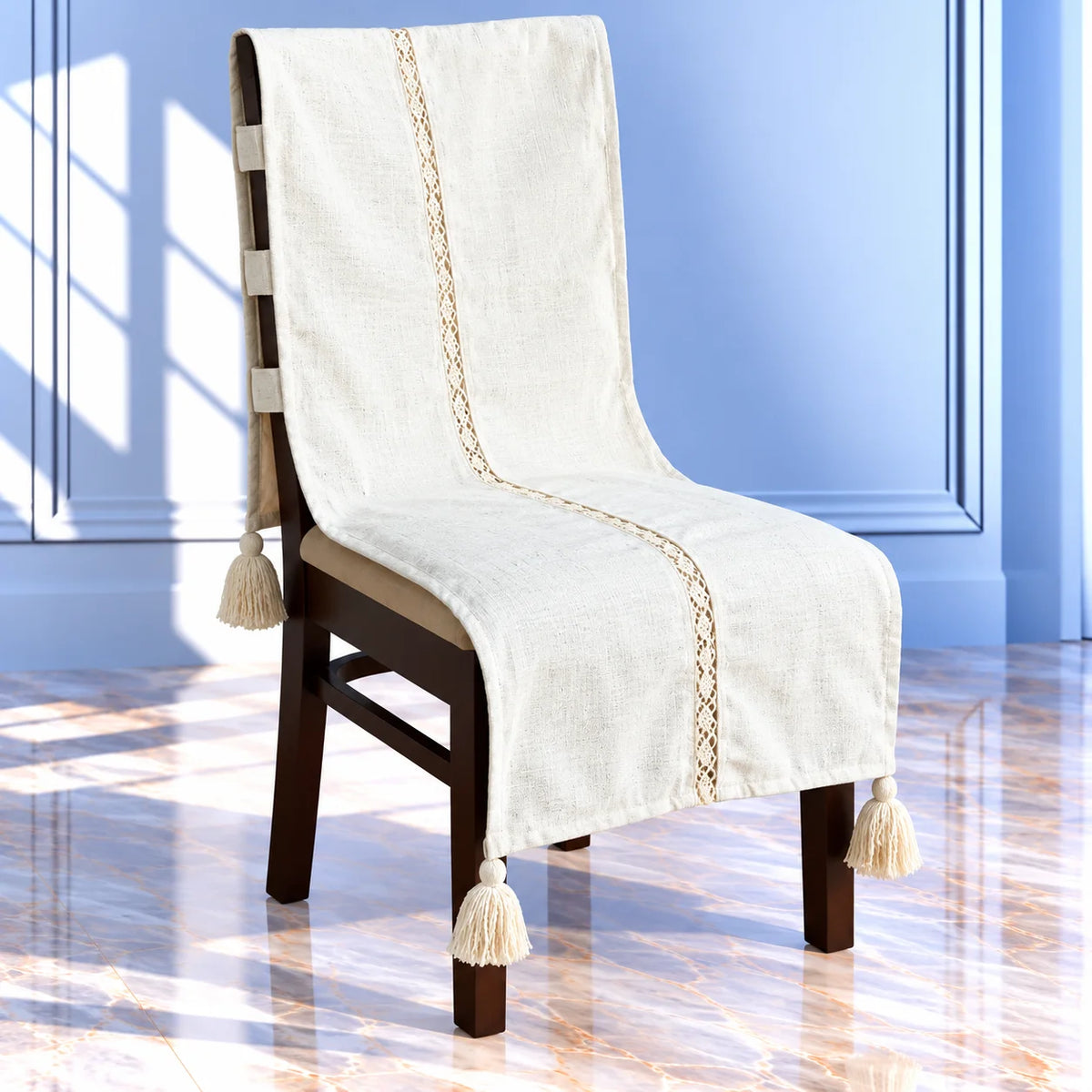Milk White Textured Jacquard Chair Cover with Lace & Tassels