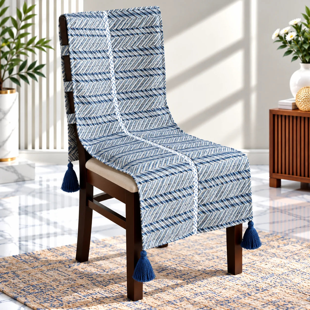Indigo Chevron Print Chair Cover with Tassels