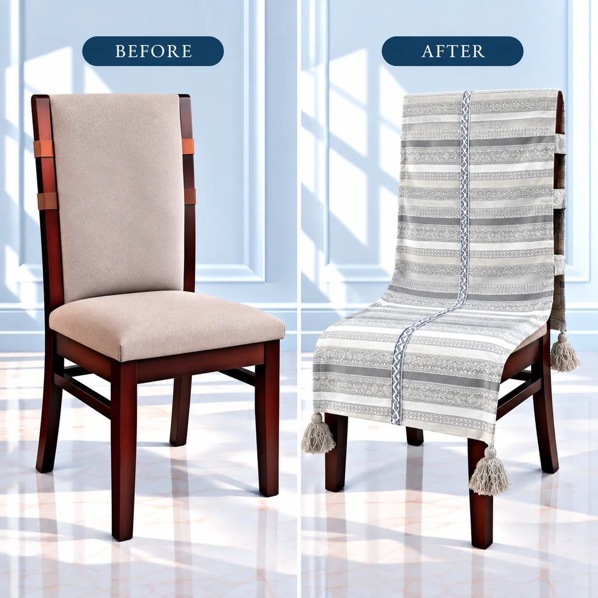 Ethnic Border Band Print Chair Cover with Tassels