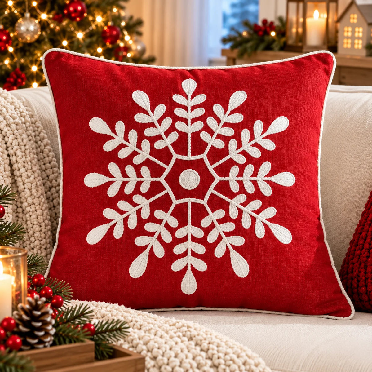 Winter Snowflake Christmas Embroidered Cotton Cushion Cover â€“ 16 Ã— 16 Inches