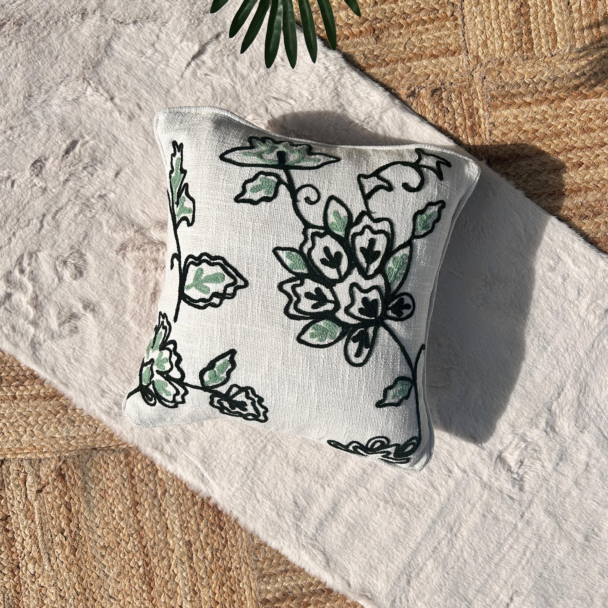 Slub-cotton Embroidered Cushion Cover, 40cm X 40cm (16" X 16")