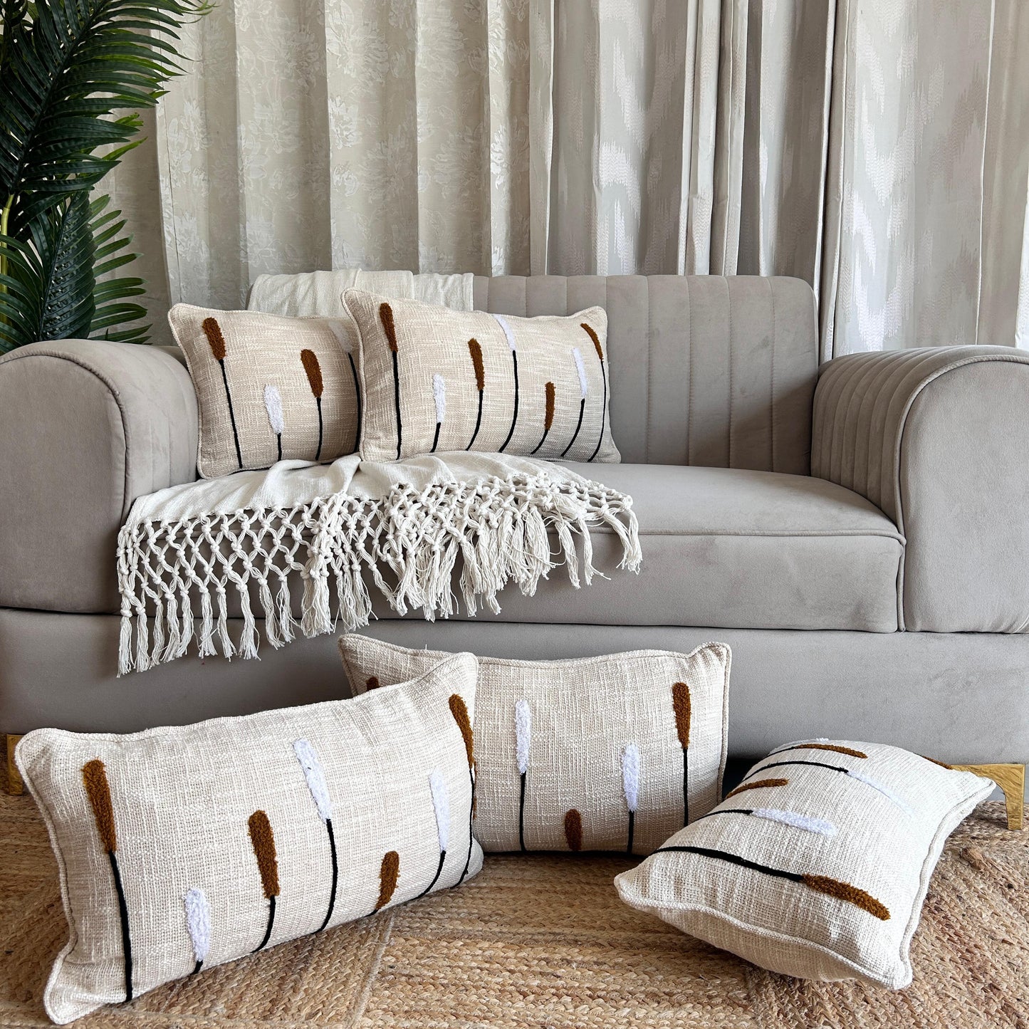 Slub-Cotton Embroidered Cushion Cover, 30cm X 50cm (12" X 20")