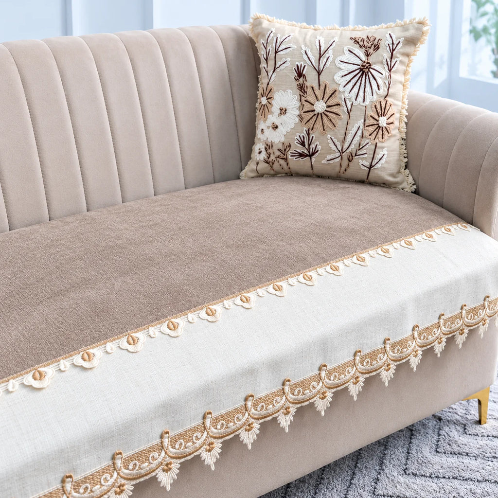 Ivory Gold Lace Jacquard Sofa Cover