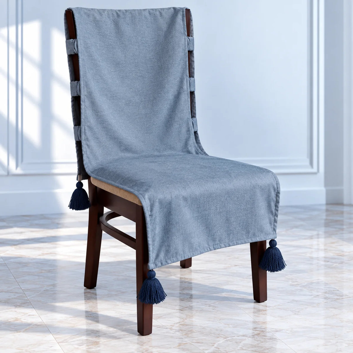 Grey Blue Plain Jacquard Chair Cover with Tassels
