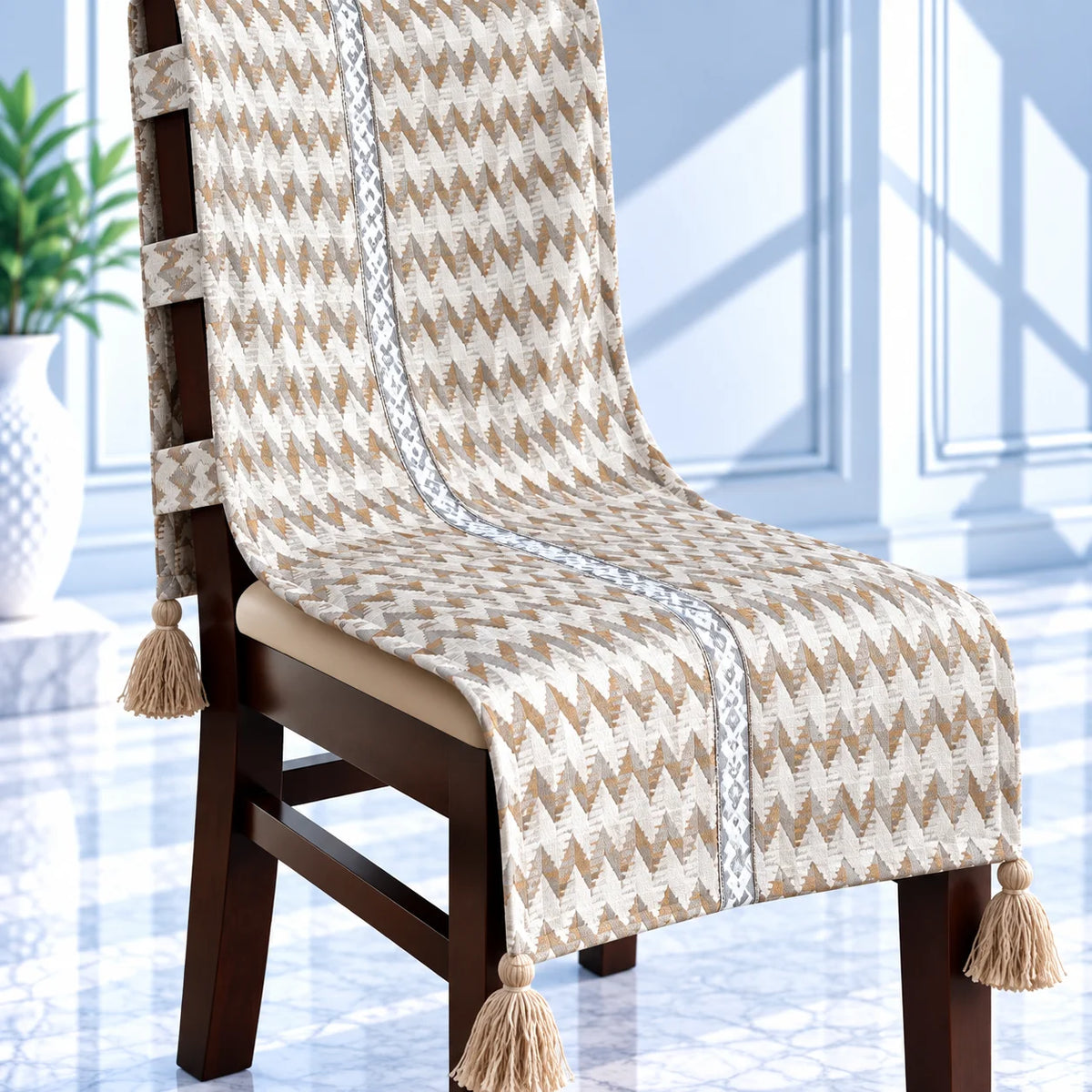 Ivory Chevron Chair Cover with Tassels