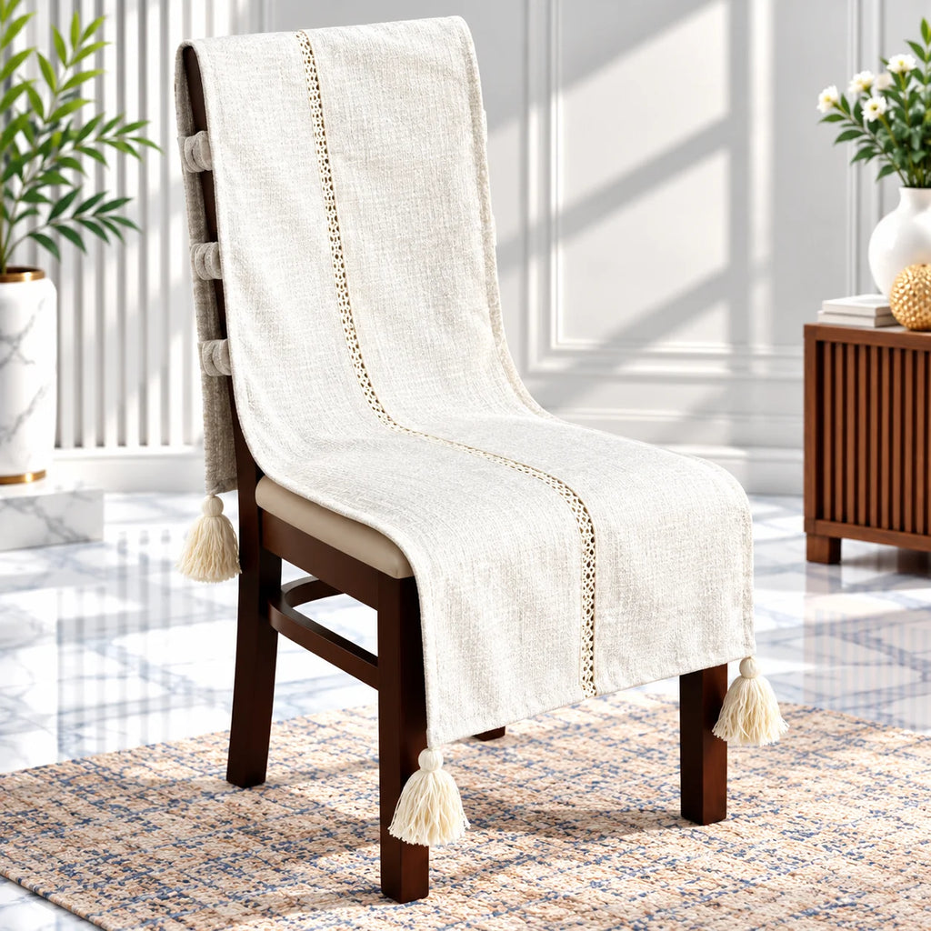 Ecru Linen Look Textured Chair Cover with Tassels