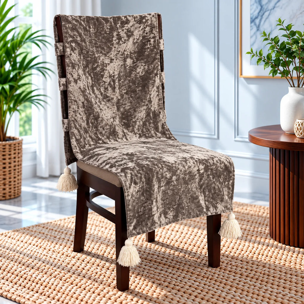 Taupe Grey Crushed Velvet Chair Cover with Tassels
