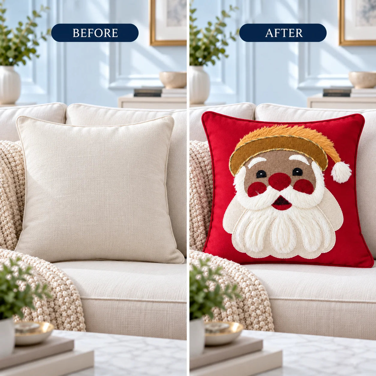 Merry Santa Claus Christmas Embroidered Cotton Cushion Cover â€“ 16 Ã— 16 Inches