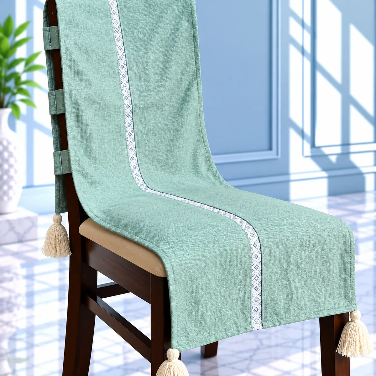 Seafoam Mint Green Plain Jacquard Chair Cover with Tassels