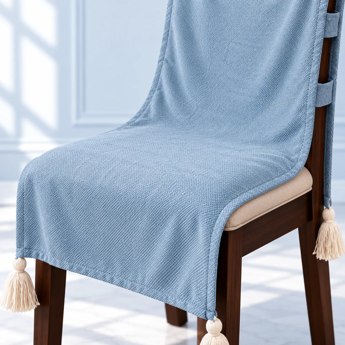 Powder Blue Textured Chair Cover with Tassels