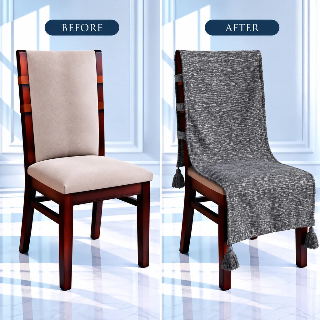 Charcoal Grey Flecked Weave Chair Cover with Tassels