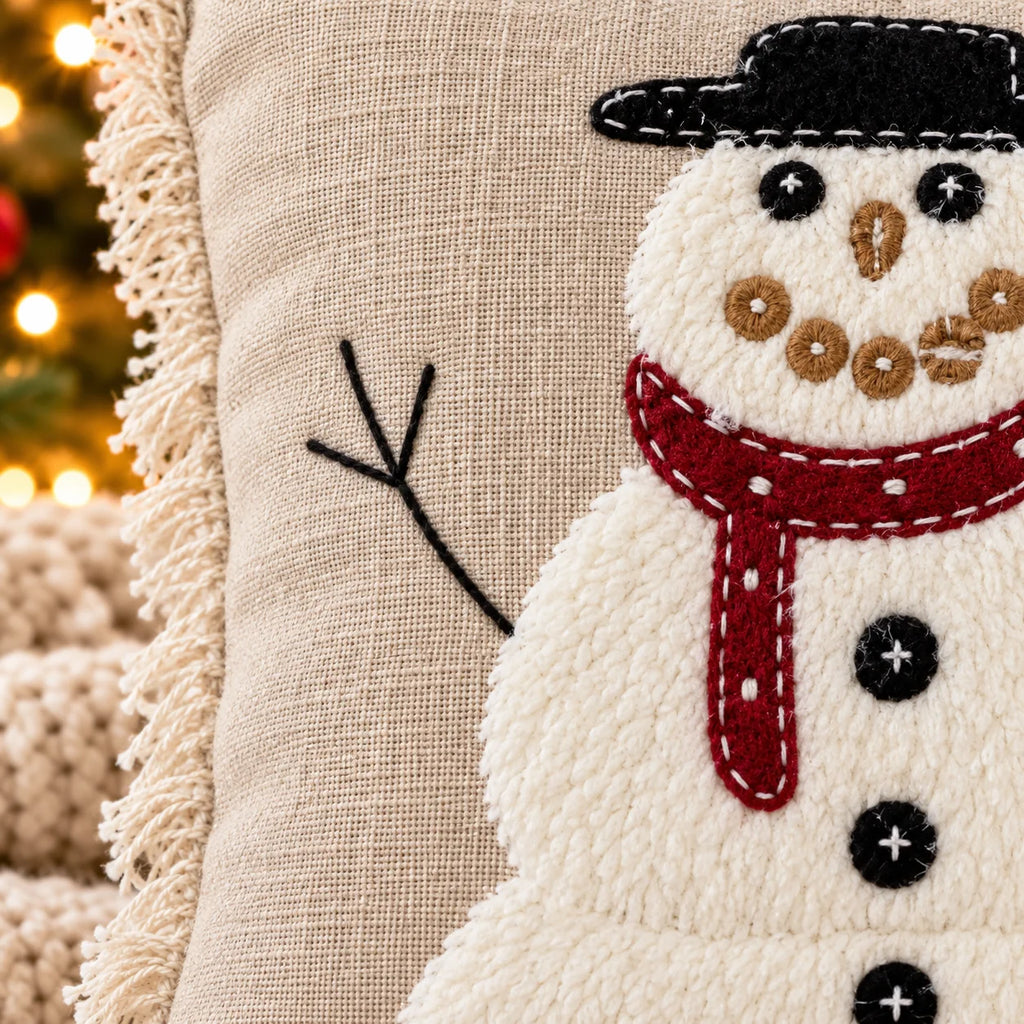 Merry Snowman Christmas Embroidered Cotton Cushion Cover â€“ 16 Ã— 16 Inches