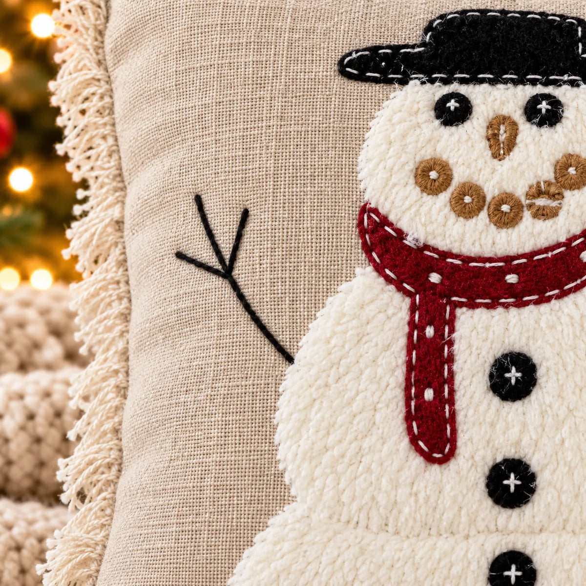 Merry Snowman Christmas Embroidered Cotton Cushion Cover â€“ 16 Ã— 16 Inches