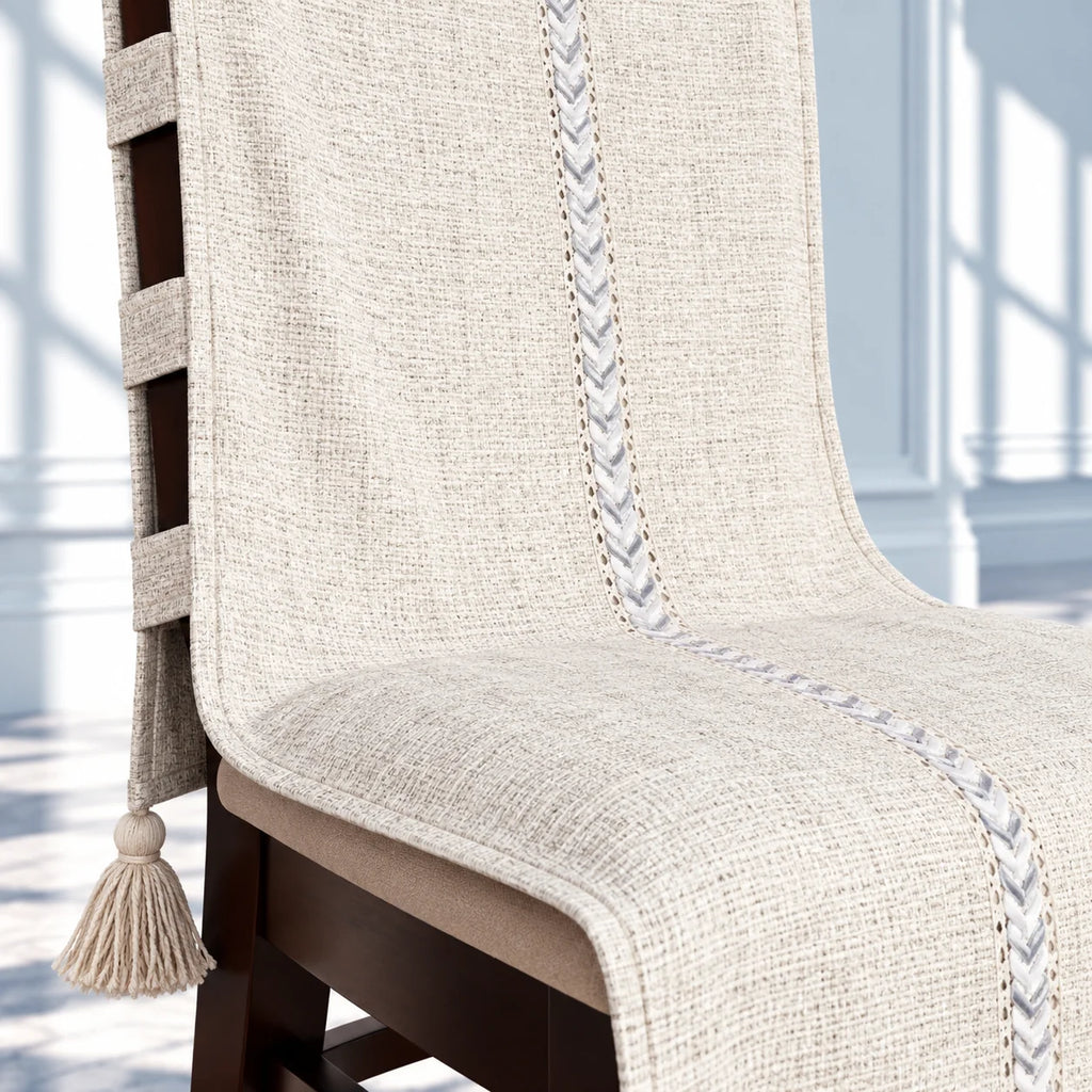 Grey Beige Striped Chair Cover with Center Lace Trim and Tassels