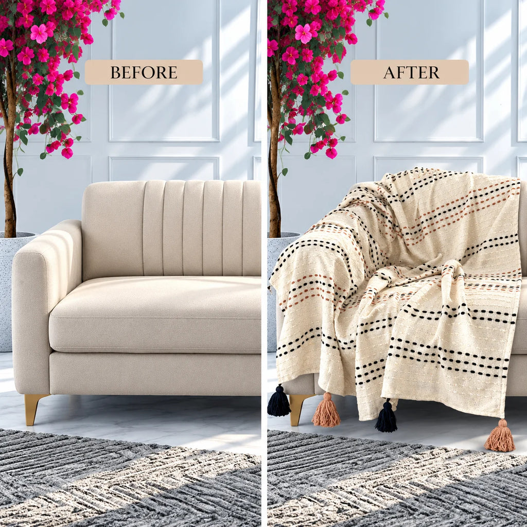Ivory Dotted Stripe Cotton Sofa Throw â€“ 60Ã—50 Inch