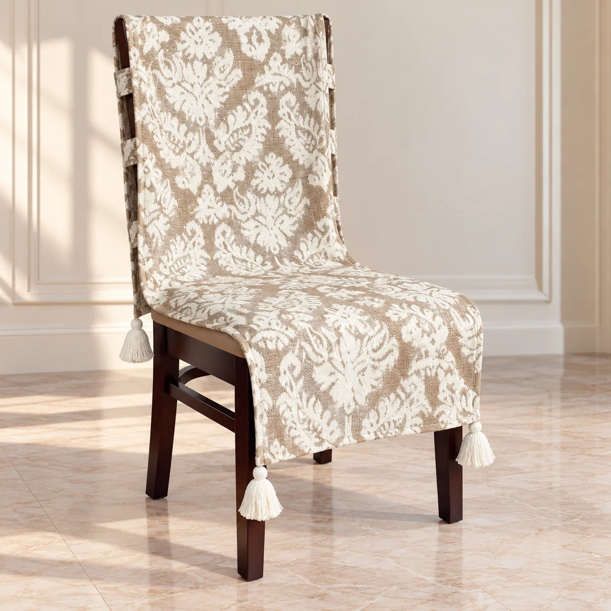 Beige Damask Jacquard Chair Cover with Tassels