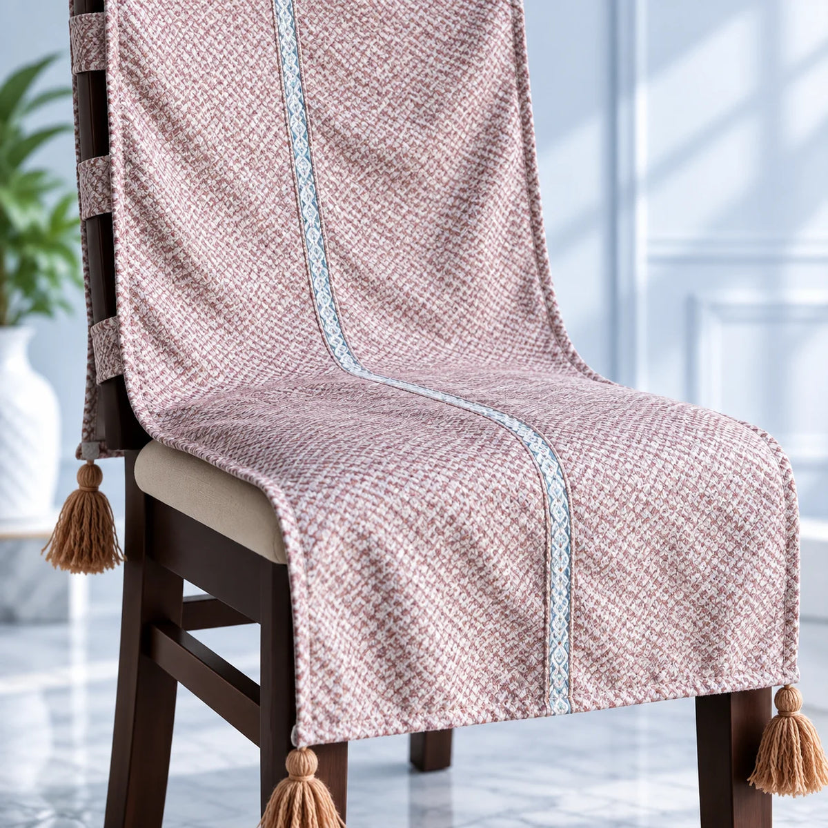 Dusty Rose Herringbone Jacquard Chair Cover with Tassels